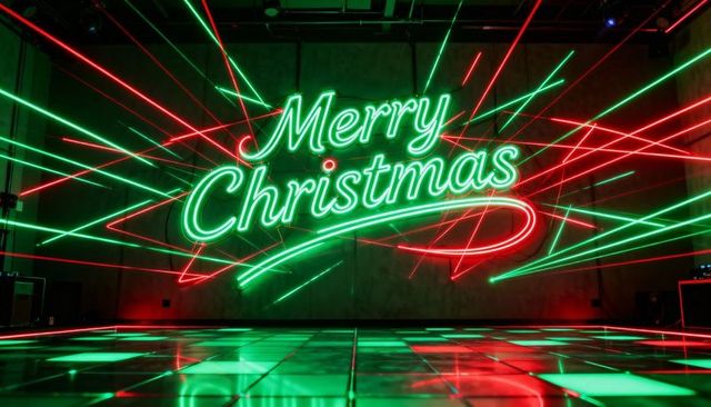 Glowing merry christmas neon sign casting red and green laser beams over reflective floor