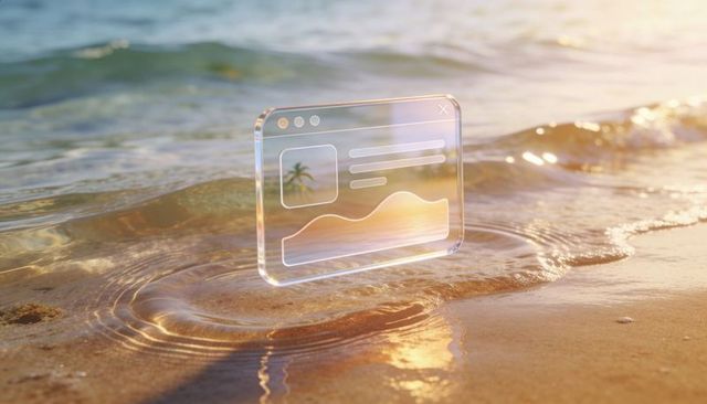Holographic browser interface floating above beach shoreline with glass ui and sunset glow