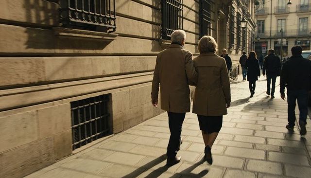 Senior couple walking arm-in-arm along sunlit historic city sidewalk in trench coats