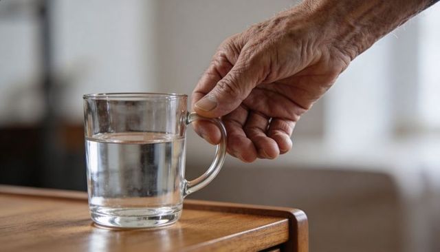 Elderly hand reaching for glass mug on wooden table, calm home hydration scene