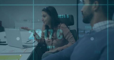 Colleagues Analyzing Financial Data with Infographic Overlays