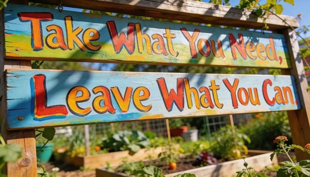 Hand-painted 'take what you need, leave what you can' sign in sunlit community garden