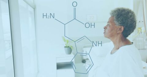 Senior Patient with Molecular Structure Overlay in Hospital Room