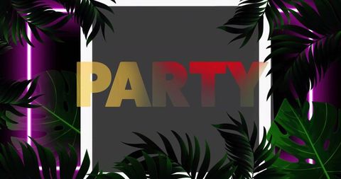 Tropical neon party poster with metallic gradient party typography and monstera leaves