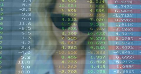 Businesswoman using transparent digital stock data screen