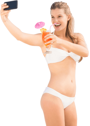 Caucasian Woman Taking Selfie with Tropical Drink on Transparent Background
