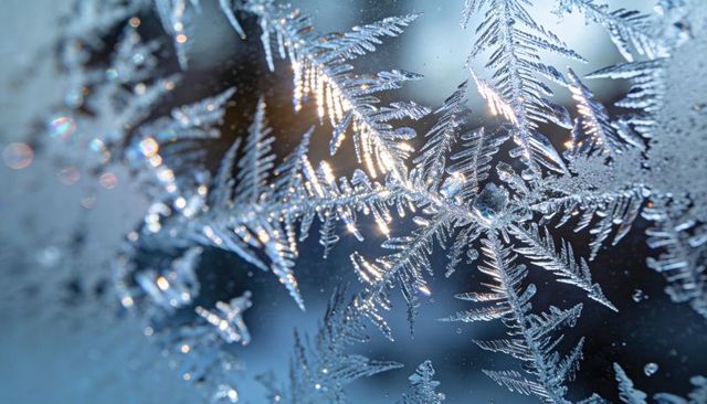 Dendritic frost crystals catching soft winter light on window glass macro with bokeh