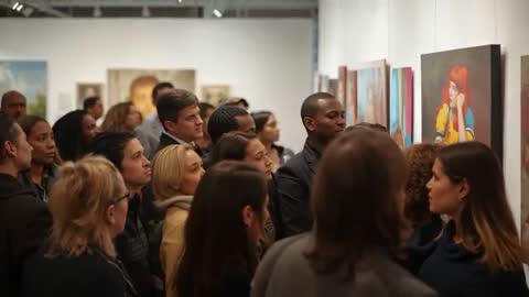 Crowd Listening During Gallery Tour While Guide Gesturing at Red-Haired Portrait