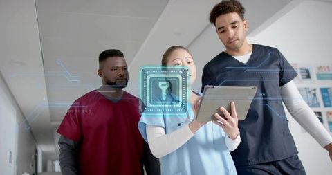 Healthcare Professionals Viewing Digital Security Lock Hologram
