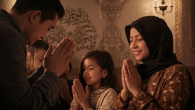 Muslim family praying together at home during ramadan evening gathering, cozy intimate moment