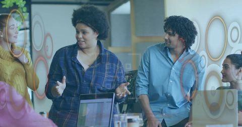 Team Engaging in Collaborative Meeting with Digital Overlays