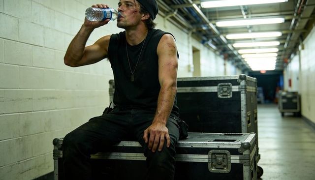 Bruised roadie resting on equipment cases drinking water in backstage corridor
