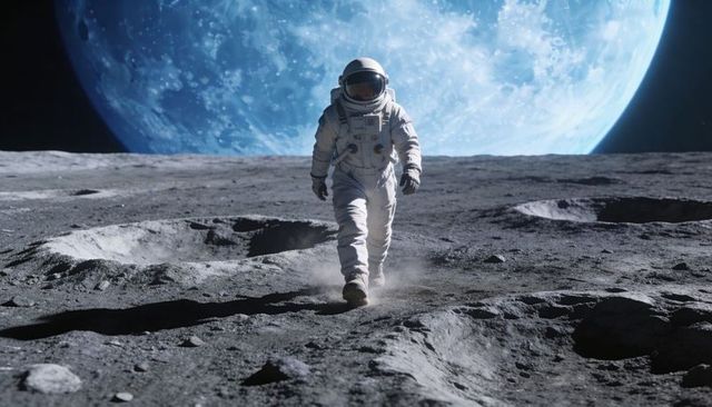 Astronaut Walking on Lunar Surface Kicking Dust with Blue Earth Rising Behind Horizon