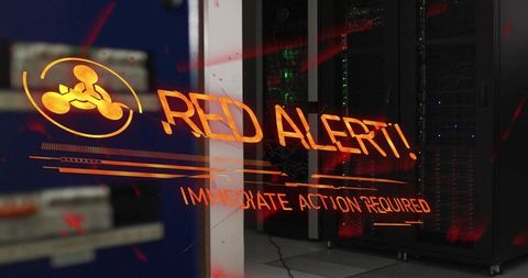Glowing holographic red alert warning floating on glass in datacenter showing biohazard
