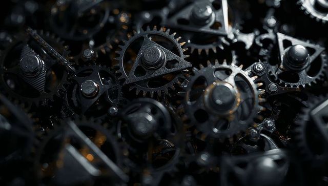 Intricate metallic gears and sprockets assembly