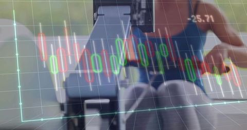 Scientist analyzing lab data with candlestick chart overlay, microscope and analytics