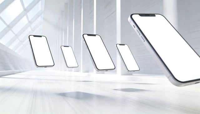 Floating blank smartphones in bright minimalist showroom for app mockups and tech branding
