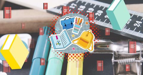 Colorful school supplies illustrations on desktop background