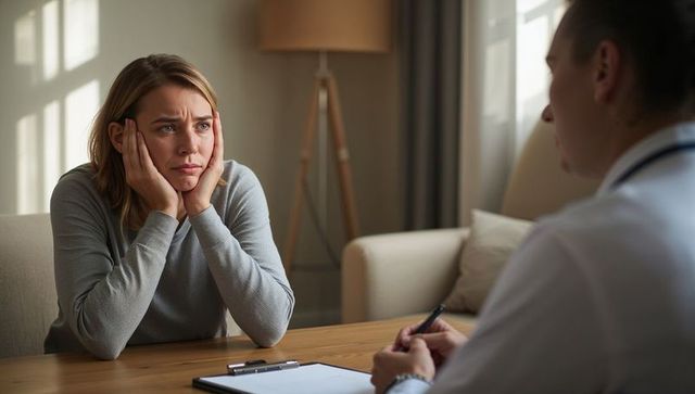 Young woman seeking mental health support during therapy consultation with clinician