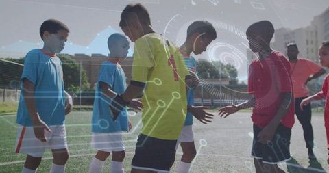 Youth Soccer Players Cheering Futuristic Interface