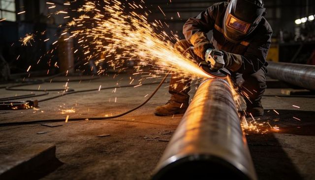 Industrial worker grinding large steel pipe with angle grinder producing bright sparks