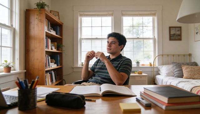 Male student studying at bedroom desk, sitting thoughtful and focusing in natural daylight