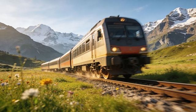 High-speed passenger train racing through alpine wildflower meadow with snow-capped peaks