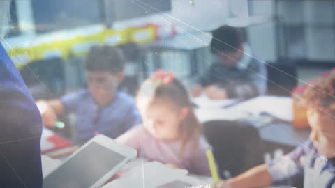 Children Engaging in Class with Technology and Connection Network Overlay