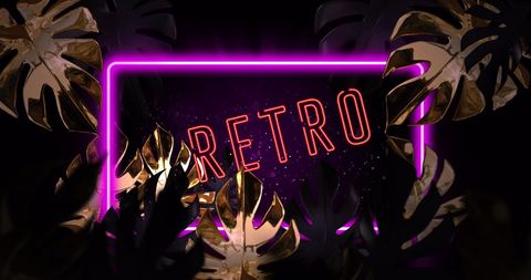 Retro Neon Frame with Golden Leaves on Black Background