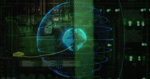 Futuristic Holographic Globe with Network Rings in Data Center