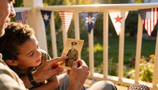Father sharing vintage military portrait with son on porch decorated with patriotic bunting