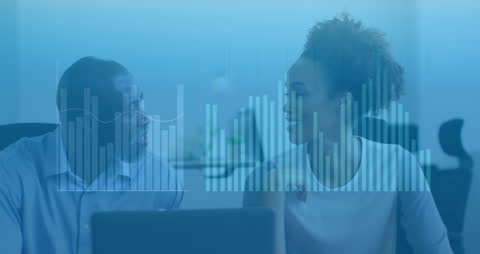 Professionals Analyzing Financial Data with Digital Overlay