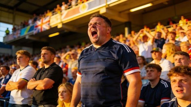 Passionate fan shouting in navy jersey at stadium match with union jack flags