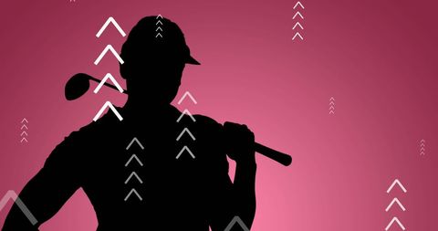 Silhouette Golfer with Dynamic Arrows on Pink Background
