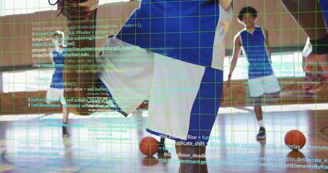 Basketball player dribbling on indoor court with digital code overlay and green grid