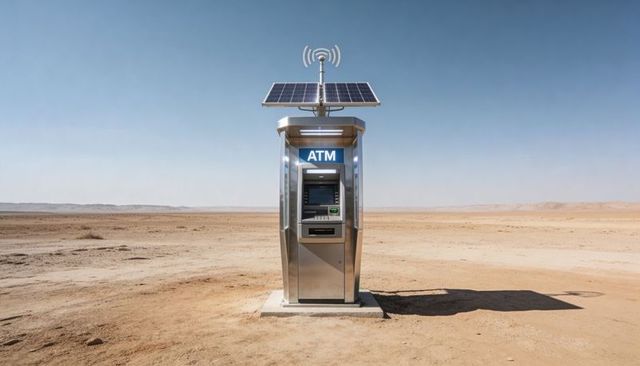 Solar-powered atm kiosk standing on remote desert plain with antenna