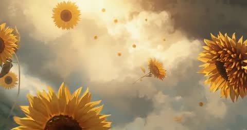 Sunflowers Floating Through Sky Enveloped by Golden Clouds