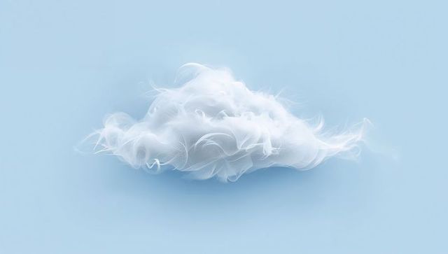 Hovering ethereal white cloud with wispy strands over pastel blue gradient backdrop