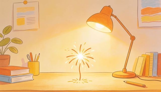 Cozy workspace glowing with sparking sparkler, desk lamp, stacked books and pencils