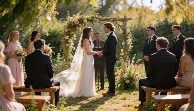 Romantic garden wedding ceremony exchanging vows under floral wooden arch at golden hour