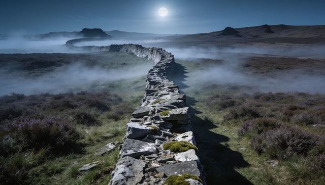 Winding dry stone wall running across moonlit misty moorland with heather and moss