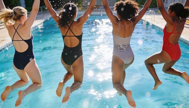 Diverse friends jumping into sunlit pool wearing one-piece swimsuits