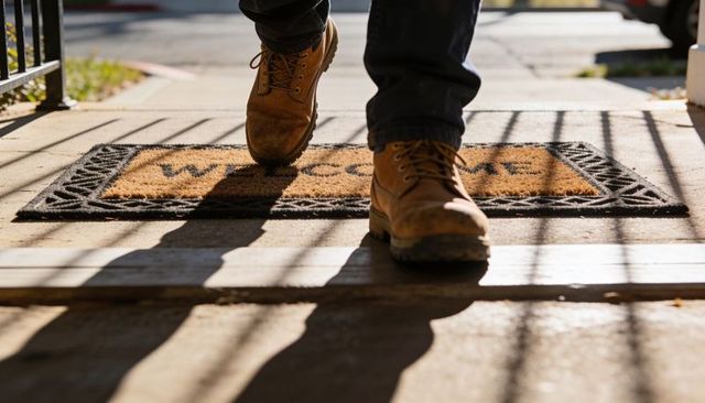 Stepping boots on welcome mat at sunny porch threshold with long shadow stripes