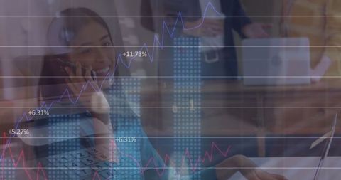 Smiling businesswoman with phone overlaid with financial graphs