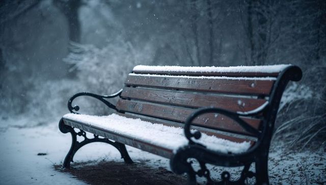 Snow-covered wooden park bench with ornate cast-iron armrests in moody winter forest