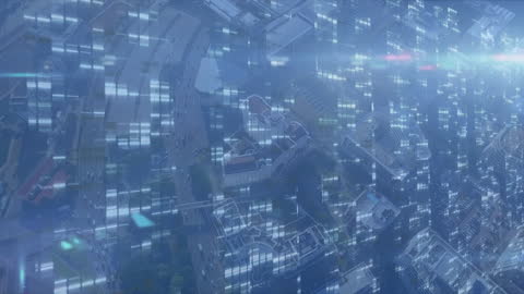 Digital Data Streams Over Futuristic Cityscape