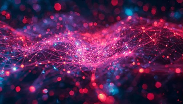 Futuristic Network Wave with Glowing Nodes and Bokeh Lights