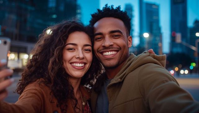 Smiling young couple taking selfie on urban street at dusk with glowing skyline bokeh