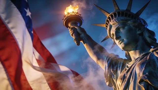 Statue of liberty holding glowing torch with waving american flag at dusk