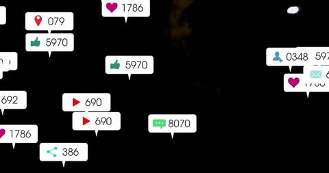 Floating social notification bubbles showing likes comments shares and follower counts